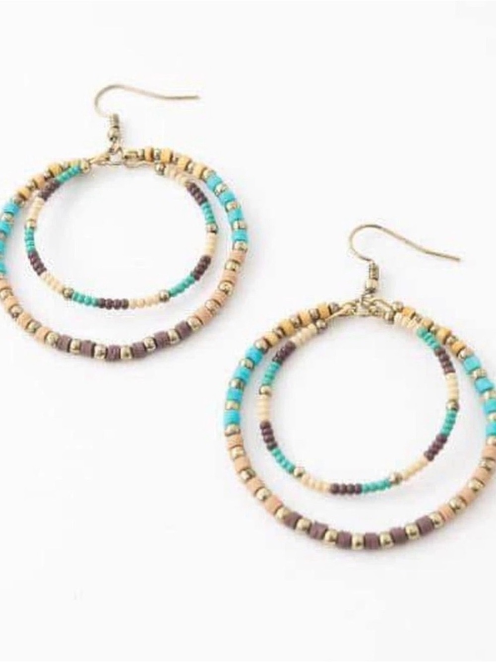 Plunder Design "Norah" Gold Turquiose Beaded Double Hoop Earrings
